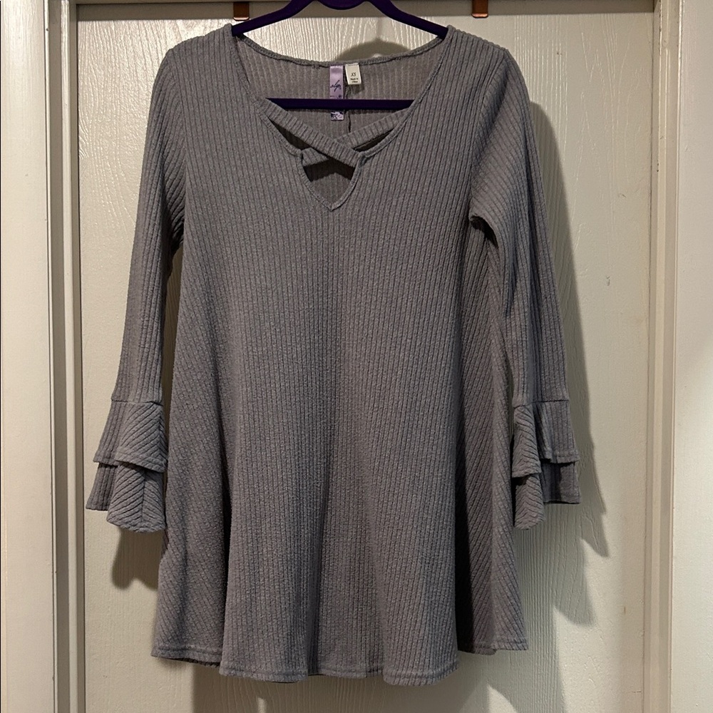 Gray Ribbed Dress with Bell Sleeves